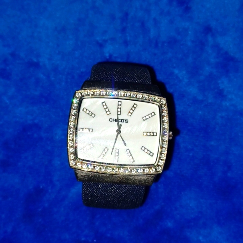 Chico's Silver and denim cuff Watch with Rhinestones